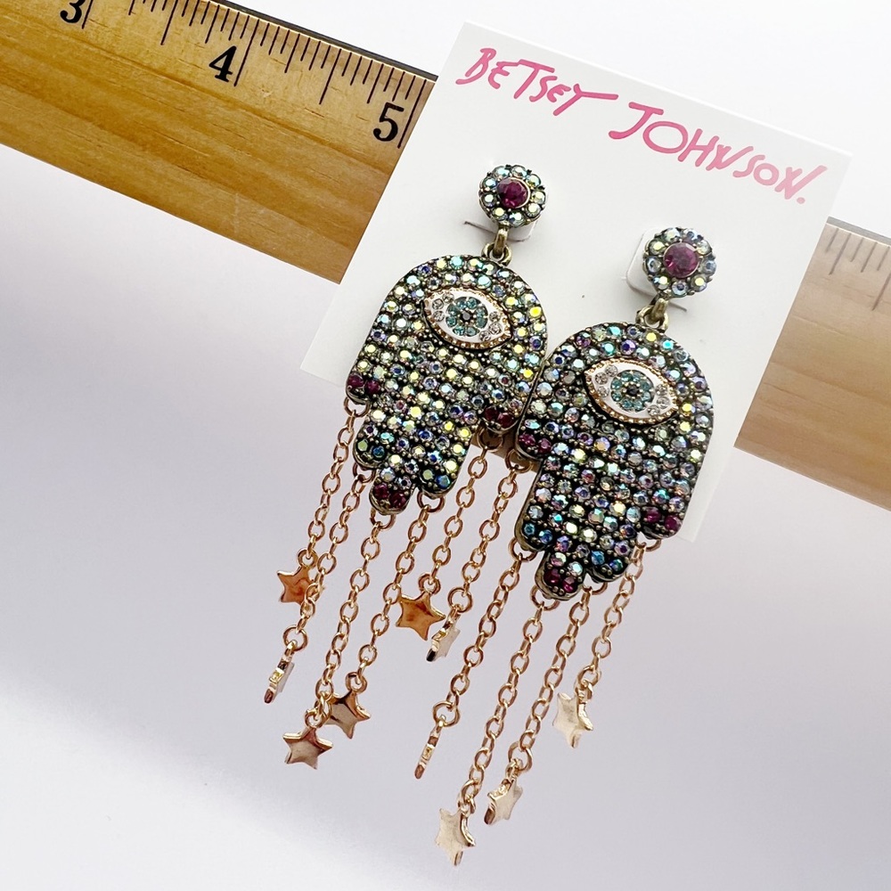 Betsey Johnson Evil Eye Hamsa Hand Statement Dangle Earrings new rhinestones